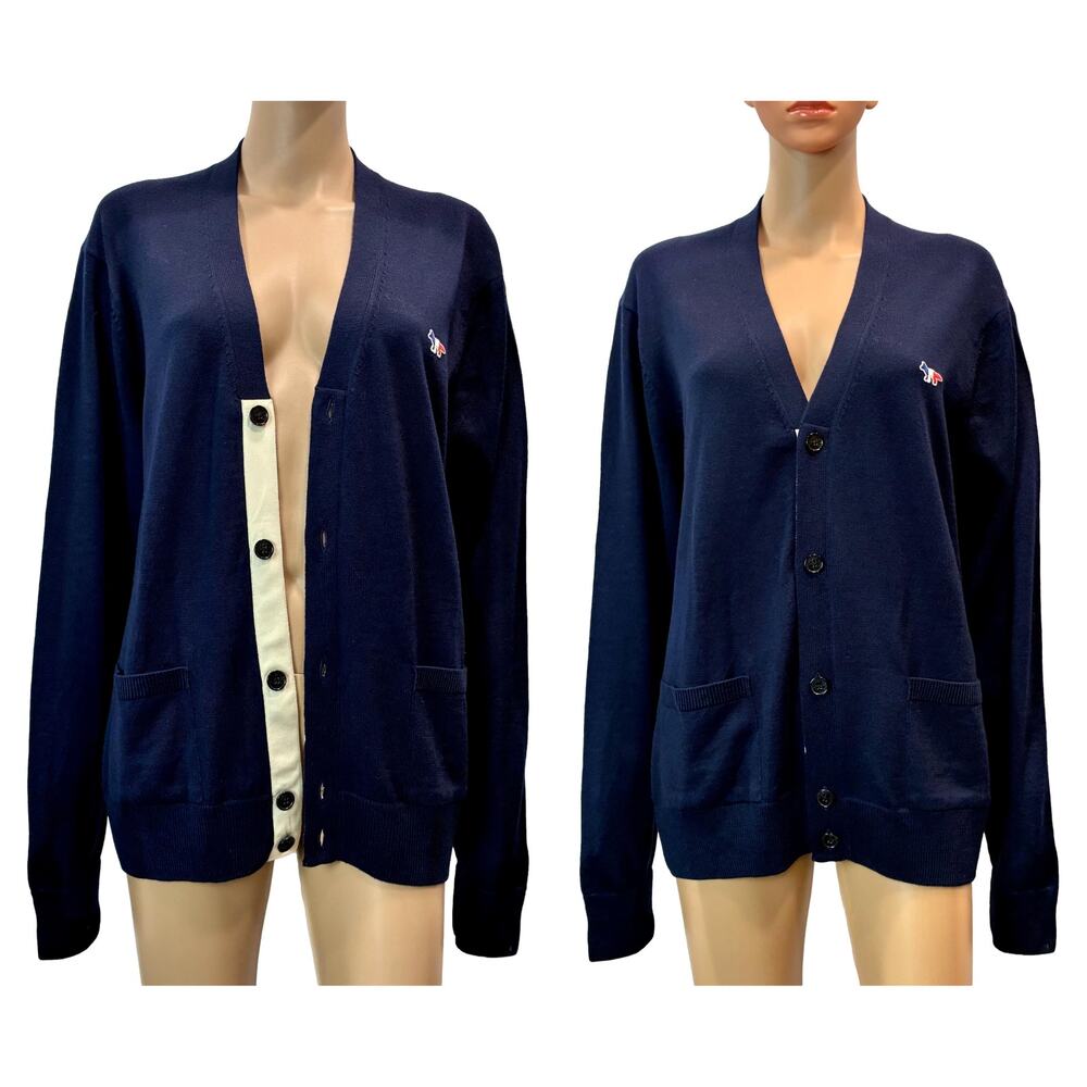 Maison Kitsune Tricolor Fox Navy Wool Cardigan Women L Unisex Paris